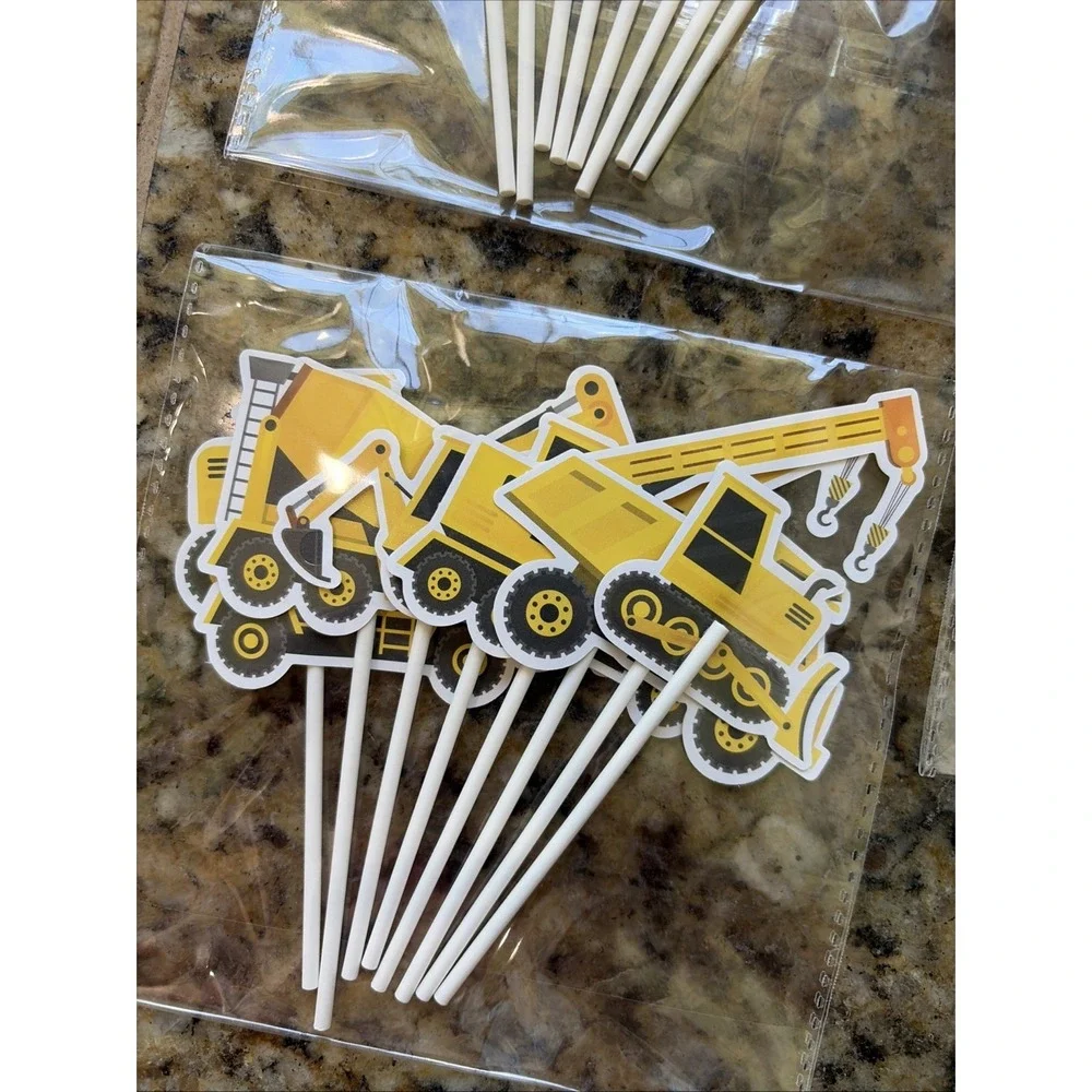 Yellow Construction Party Truck Crane Machine Digger Cupcake Toppers NEW 24-CT